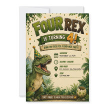 Invitación de cumpleaños número 4 de Four Rex Dino