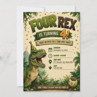 Invitación de cumpleaños número 4 de Four Rex Dino