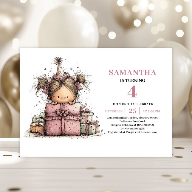 Invitación de cumpleaños número 4 de Funny Girl Im (Funny Girl 4th Birthday Invite Pink Printable)