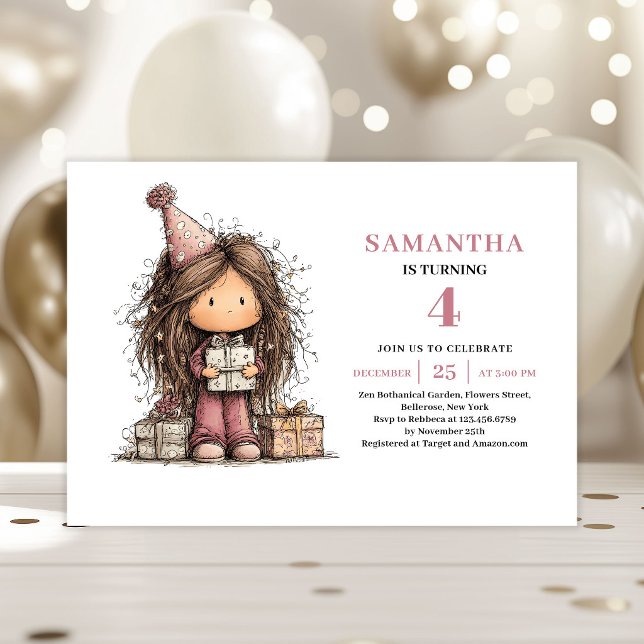 Invitación de Cumpleaños Número 4 de Niña Capricho (Whimsical Girl 4th Birthday Invitation Pink Kit)