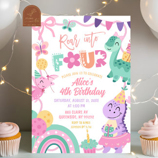 Invitación de cumpleaños número 4 de niña con dino