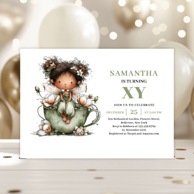 Invitación de Cumpleaños Número 4 de Niña Hada con (Whimsy Fairy Girl 4th Birthday Greenery Invitation)