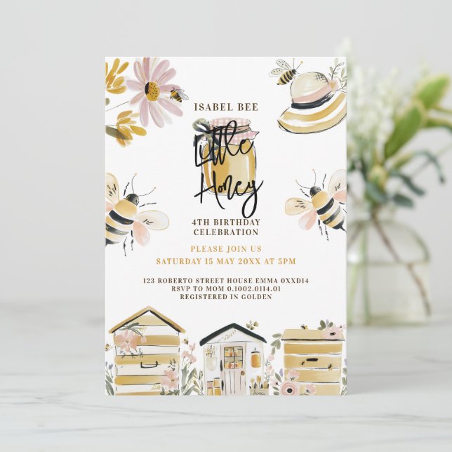 invitación de cumpleaños número 4 de pequeña abeja (Anverso de pie)