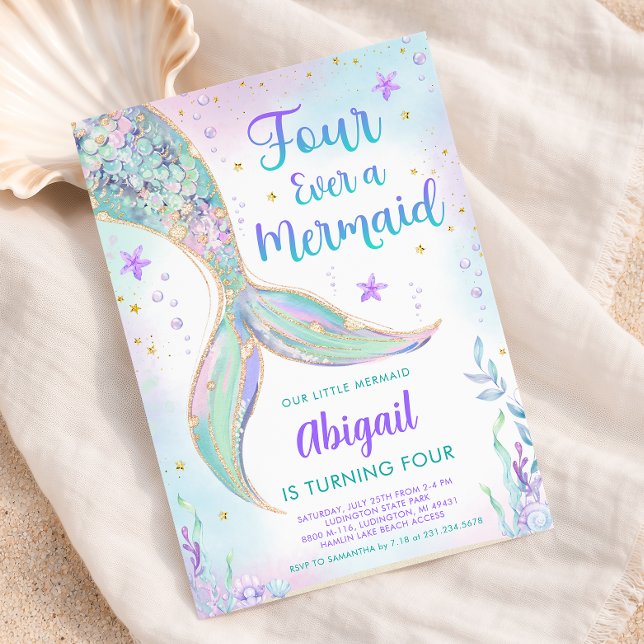 Invitación de cumpleaños número 4 de Sirena (Mermaid 4th Birthday Party Invitation - Pastel Mermaid Tail Invite)