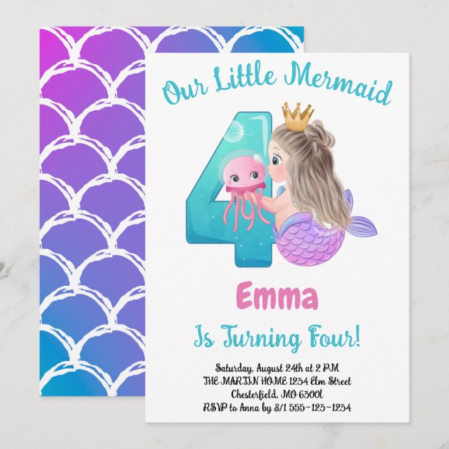 Invitación de cumpleaños número 4 de sirena (Anverso / Reverso)