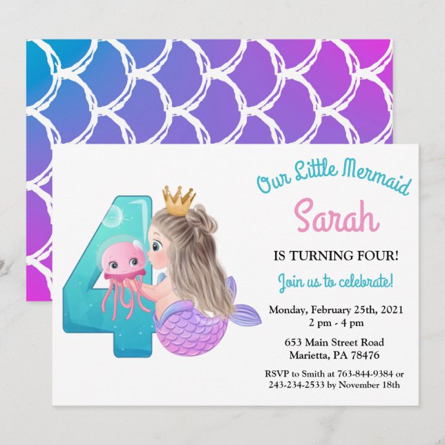 Invitación de cumpleaños número 4 de sirena acuare (Anverso / Reverso)
