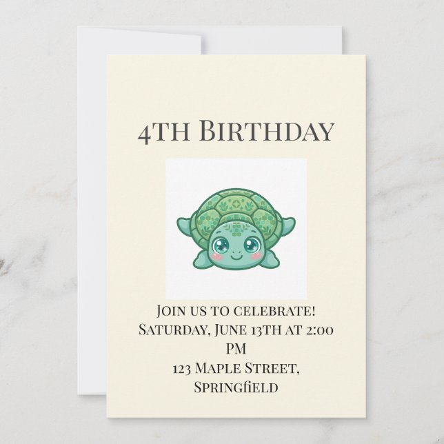 Invitación de cumpleaños número 4 de tortuga bebé  (Anverso)
