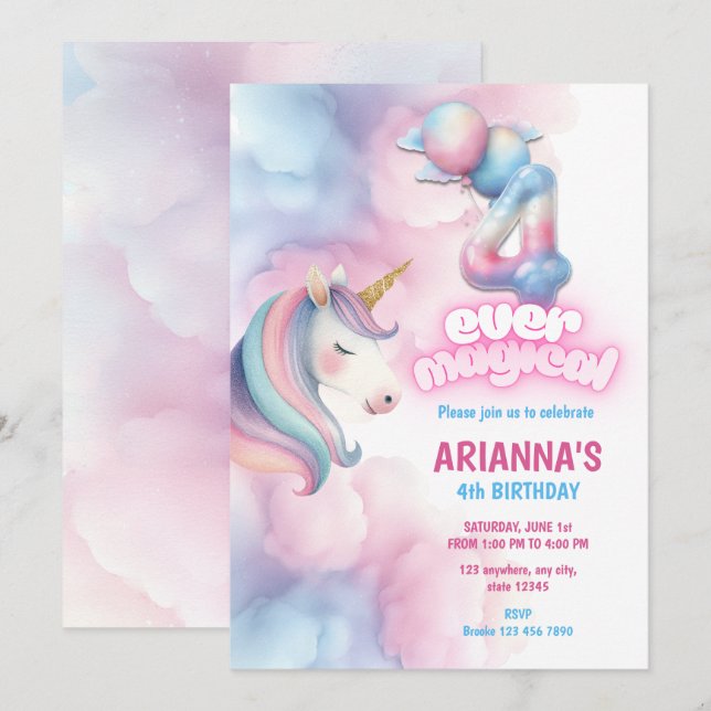 Invitación de cumpleaños número 4 de Unicornio Arc (Anverso / Reverso)