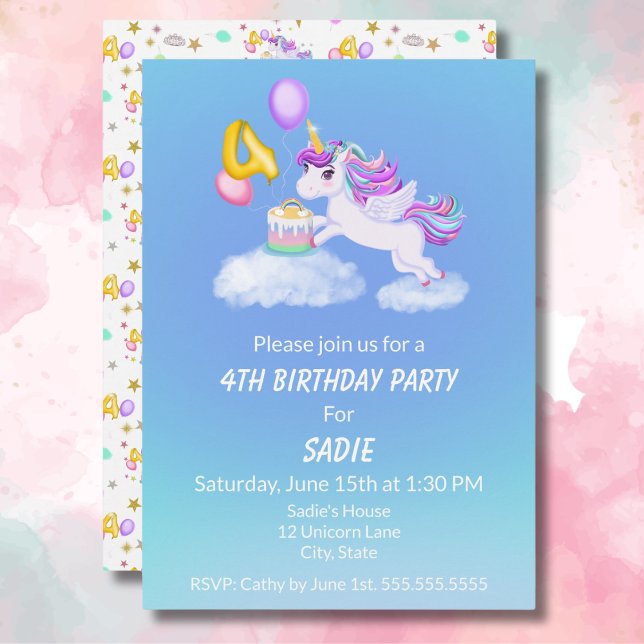 Invitación de cumpleaños número 4 de unicornio con (Subido por el creador)