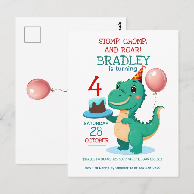 Invitación de cumpleaños número 4 del T Rex Dinosa (Anverso / Reverso)