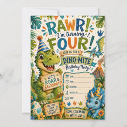 Invitación de cumpleaños número 4 Dino-Mite