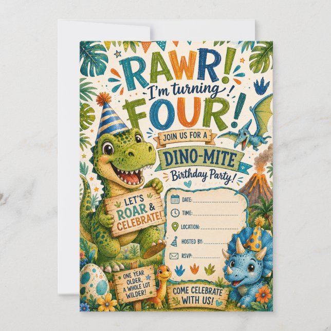 Invitación de cumpleaños número 4 Dino-Mite (Anverso)