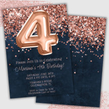 Invitación de cumpleaños número 4 en rosa dorado y