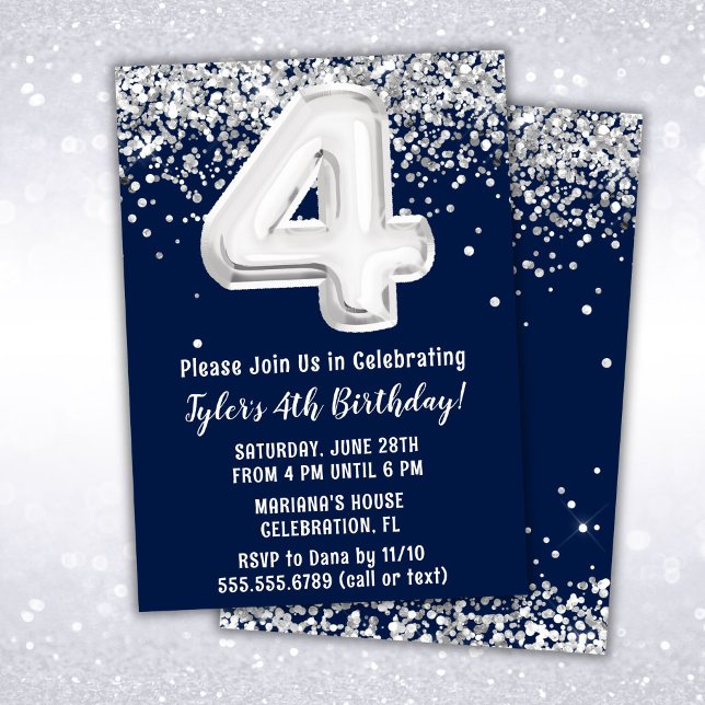 Invitación de cumpleaños número 4 Navy Blue Silver (Subido por el creador)