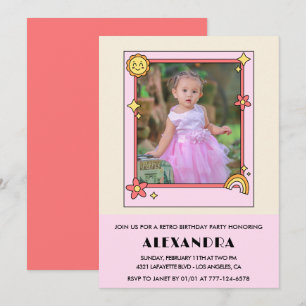 invitación de cumpleaños número 4 Retro Groovy Flo