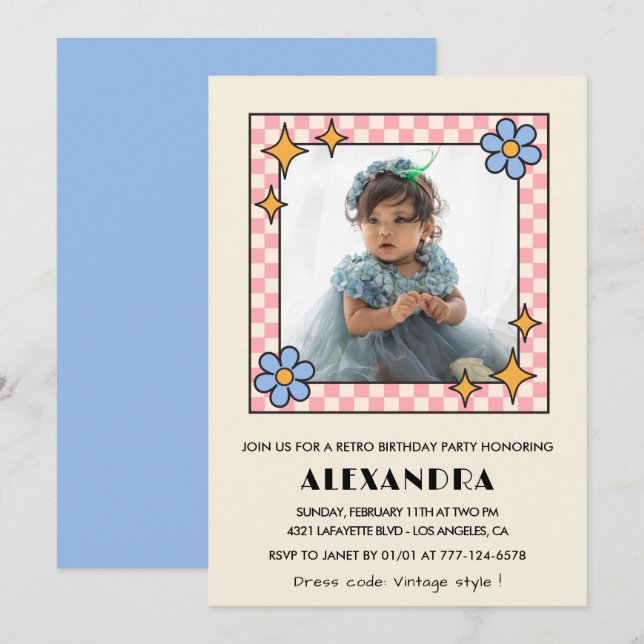 invitación de cumpleaños número 4 Retro Groovy Flo (Anverso / Reverso)