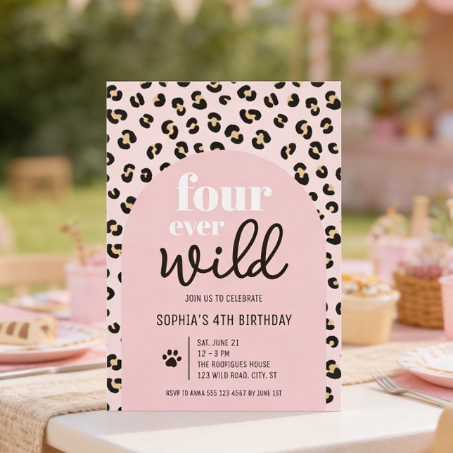 Invitación de cumpleaños número 4 Safari Girl (Front of the invitation shown in 5x7-inch. Choose size, paper, and corner style.)