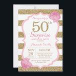 Invitación de cumpleaños número 50 a la sorpresa r<br><div class="desc">Invitación a los 50 cumpleaños de la empresa Pink and Gold Surprise. Purpurina Rosa y Oro. Estripas rosas y blancas. Flor floral rosa. Cumpleaños de adultos. Fiesta de cumpleaños de mujeres.
Para más personalización,  haga clic en el botón "Personalizar" y utilice nuestra herramienta de diseño para modificar esta plantilla.</div>