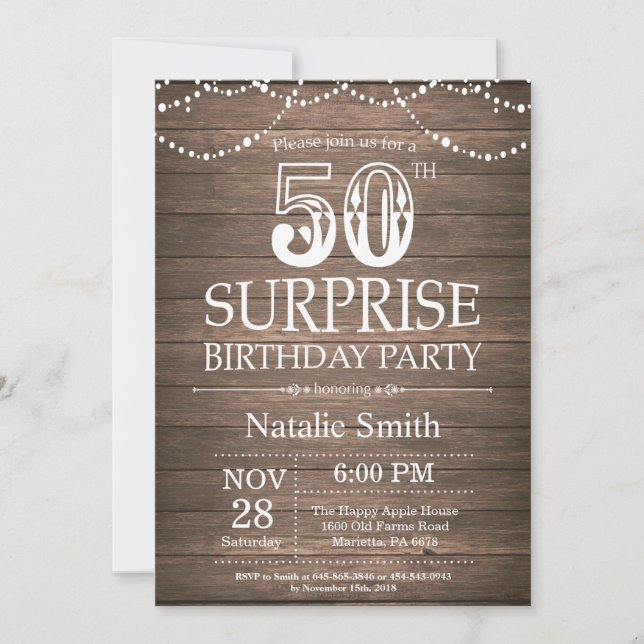 Invitación de cumpleaños número 50 a una sorpresa  (Anverso)