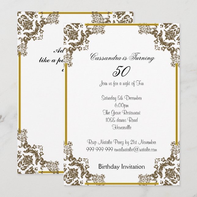 Invitación de cumpleaños número 50 Art Deco Blanca (Anverso / Reverso)