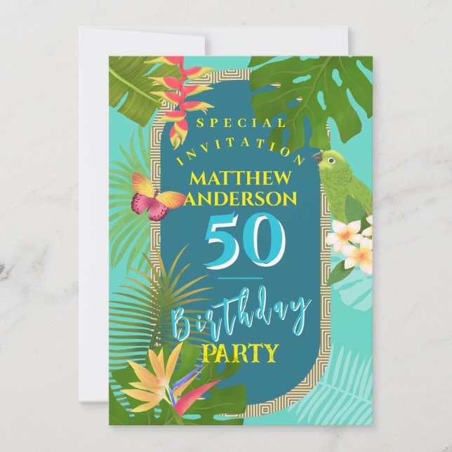 Invitación de cumpleaños número 50 azul turquesa p (Anverso)