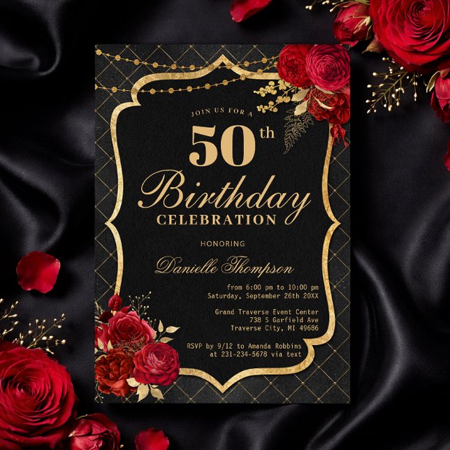 Invitación de cumpleaños número 50 Black, Red & Go (Black, Red & Gold 50th Birthday Invitation with Roses)