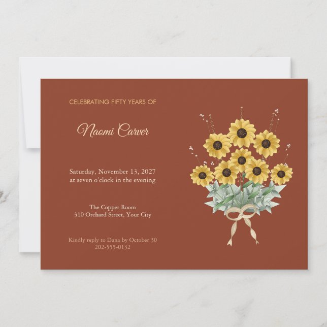 Invitación de cumpleaños número 50 Boho con ramo d (Anverso)