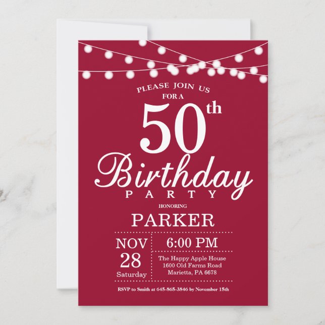 Invitación de cumpleaños número 50 Burgundy Rojo (Anverso)