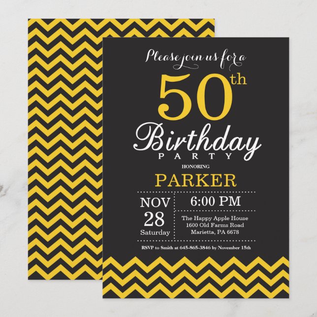 Invitación de cumpleaños número 50 Chevron negro y (Anverso / Reverso)