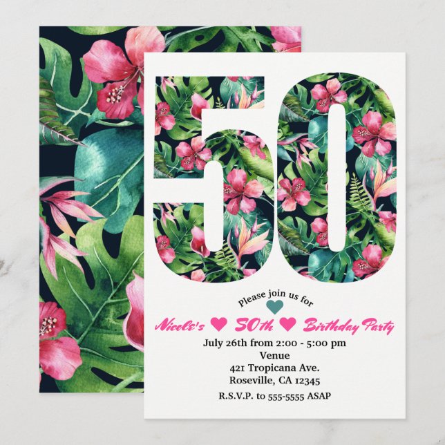 Invitación de cumpleaños número 50 cincuenta tropi (Anverso / Reverso)