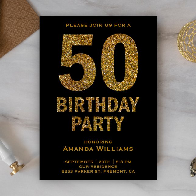Invitación de cumpleaños número 50 con brillo de o (Subido por el creador)