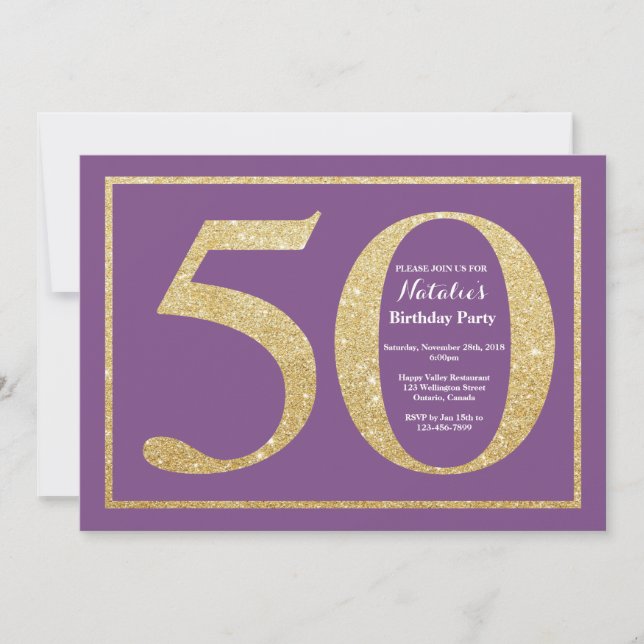 Invitación de cumpleaños número 50 con brillo púrp (Anverso)