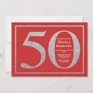 Invitación de cumpleaños número 50 con brillo rojo