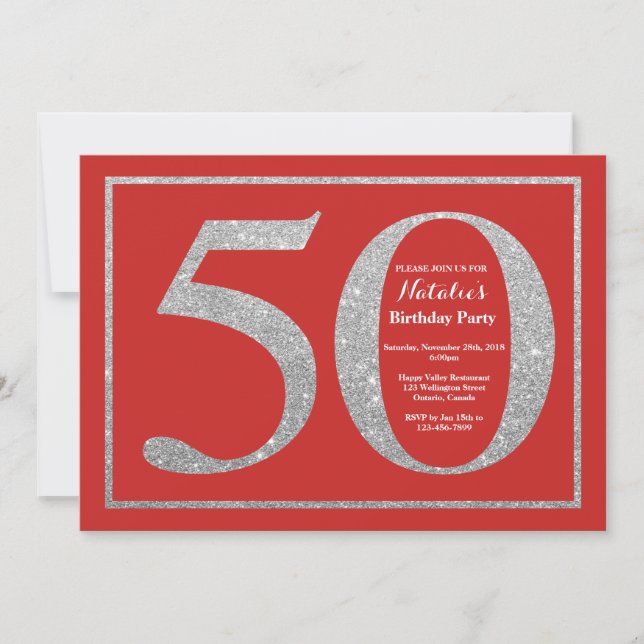 Invitación de cumpleaños número 50 con brillo rojo (Anverso)