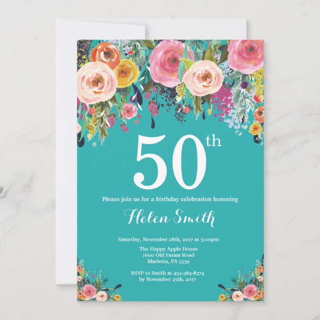 Invitación de cumpleaños número 50 con flores azul (Anverso)