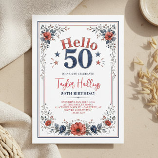Invitación de cumpleaños número 50 con flores roja