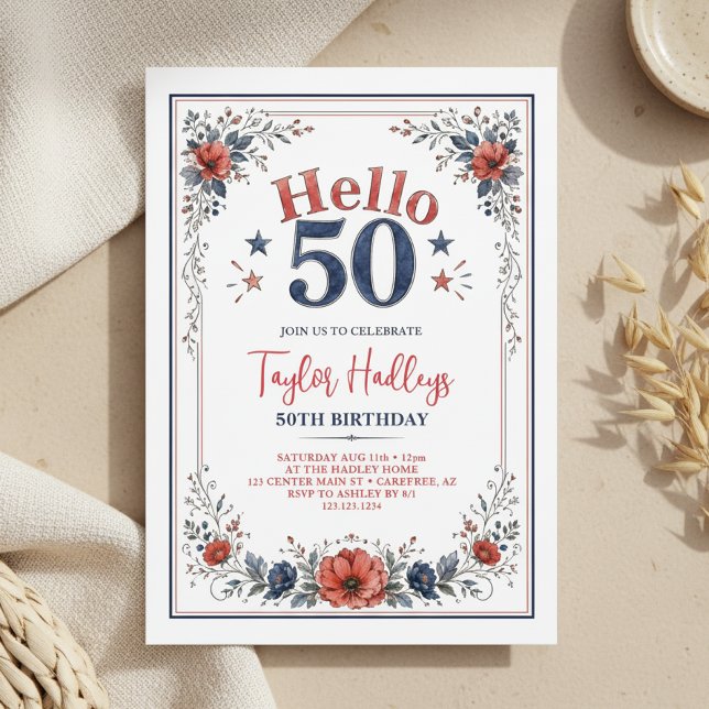 Invitación de cumpleaños número 50 con flores roja (Subido por el creador)