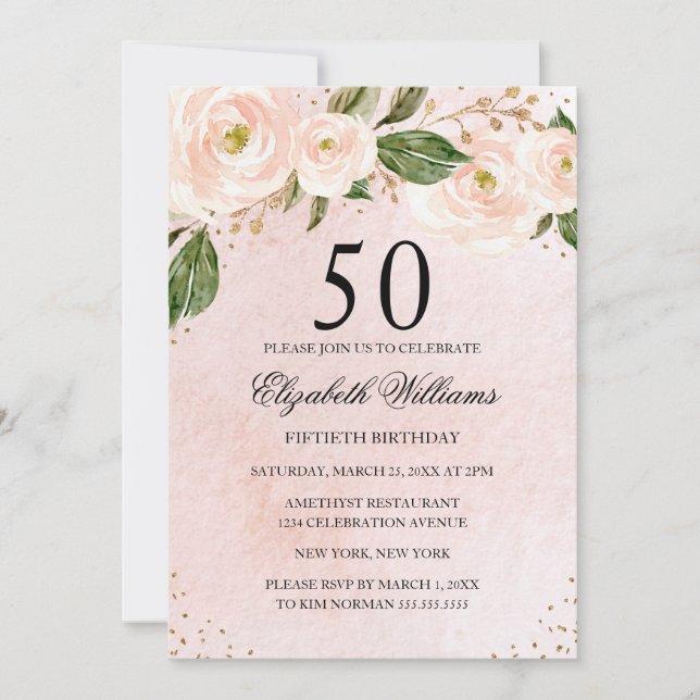 Invitación de cumpleaños número 50 con flores rosa (Anverso)