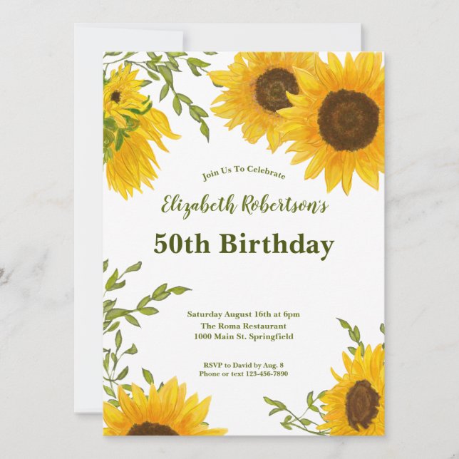 Invitación de cumpleaños número 50 con girasoles e (Anverso)