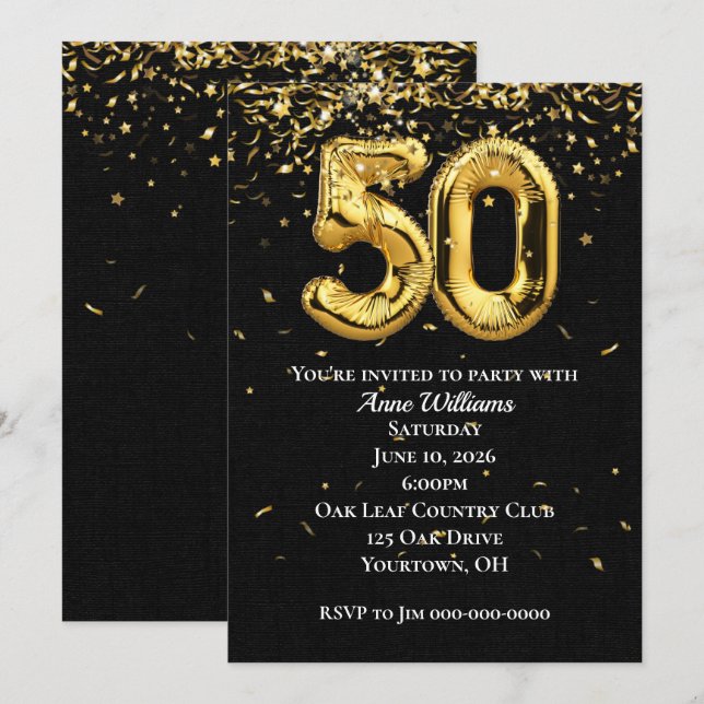 Invitación de cumpleaños número 50 con globos de p (Anverso / Reverso)