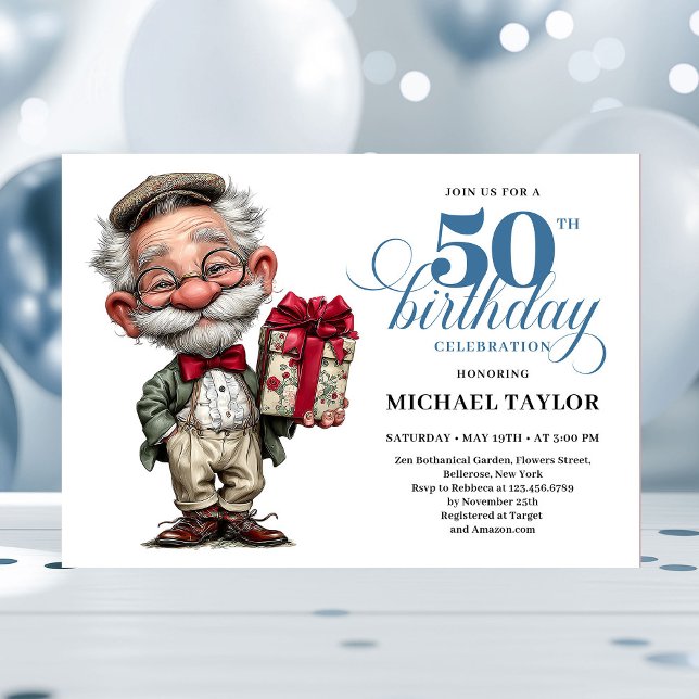 Invitación de cumpleaños número 50 con humor para  (Quirky Cartoon Man 50th Birthday Humor Invite)