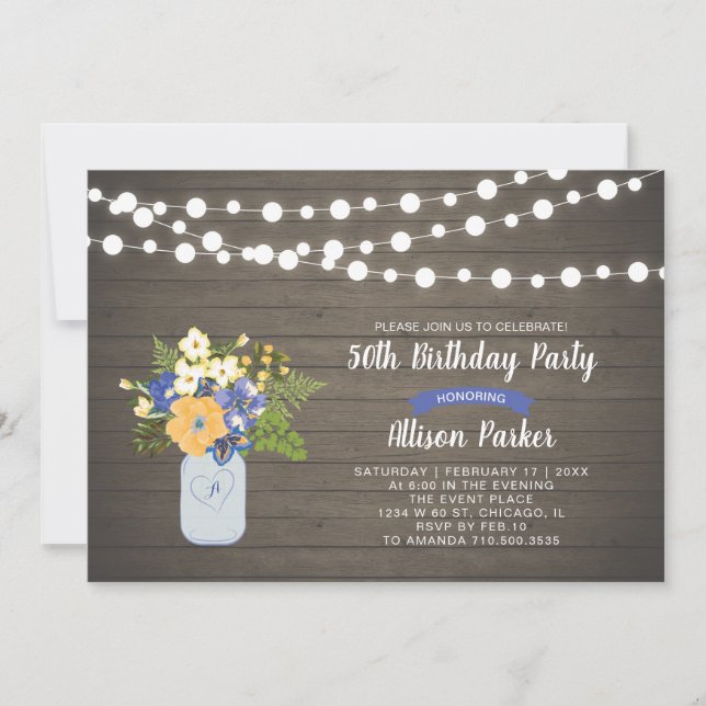 Invitación de cumpleaños número 50 con madera rúst (Anverso)