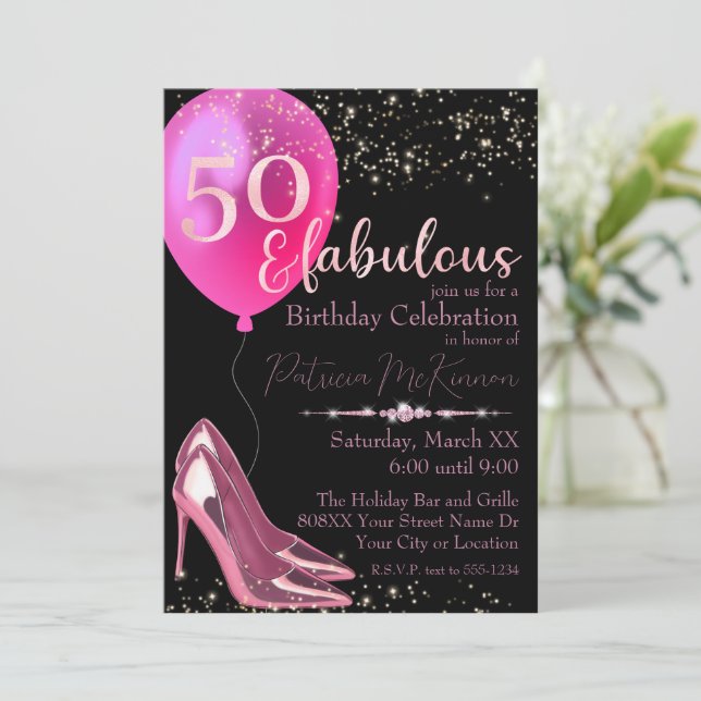 Invitación de cumpleaños número 50 con tacones alt (Anverso de pie)