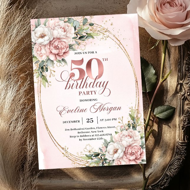 Invitación de cumpleaños número 50 con toque román (Romantic Blush Eucalyptus 50th Birthday Invitation)