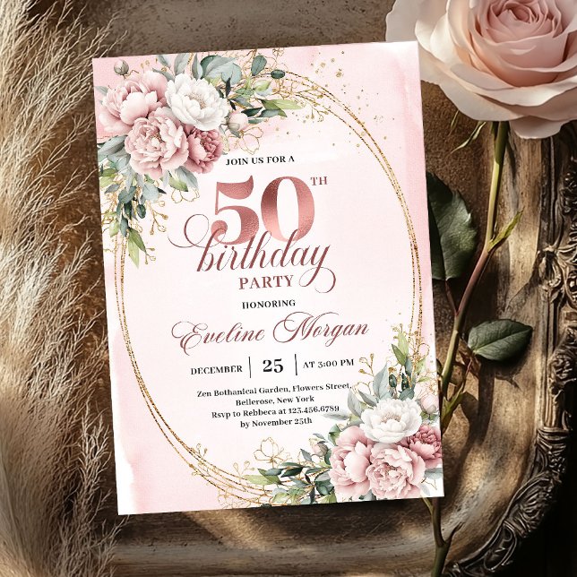 Invitación de cumpleaños número 50 con vegetación  (Refined Rose Gold Greenery 50th Birthday Invite)