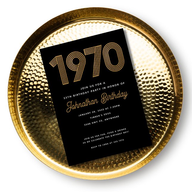 Invitación de cumpleaños número 50 de 1970 en negr (1970 Black Faux Gold 50th Birthday Invitation)