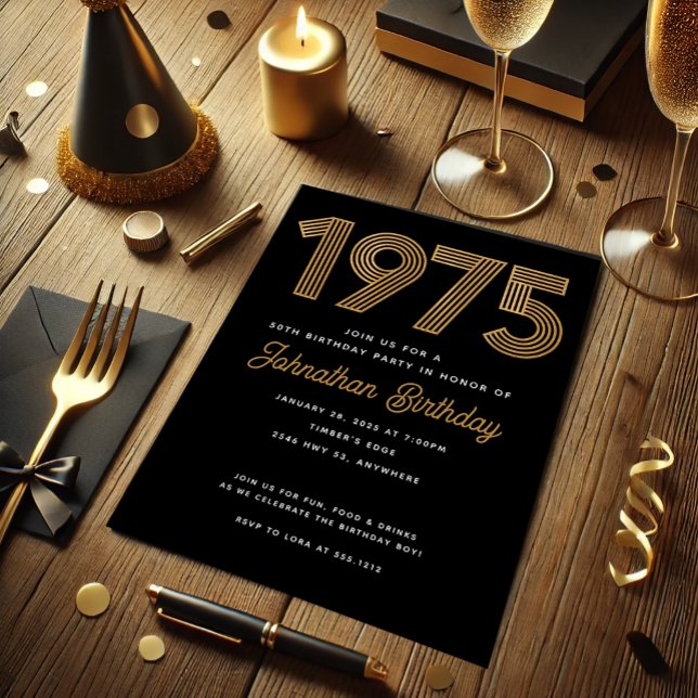 Invitación de cumpleaños número 50 de 1975 en fals (1975 Black Faux Gold 50th Birthday Invitation)