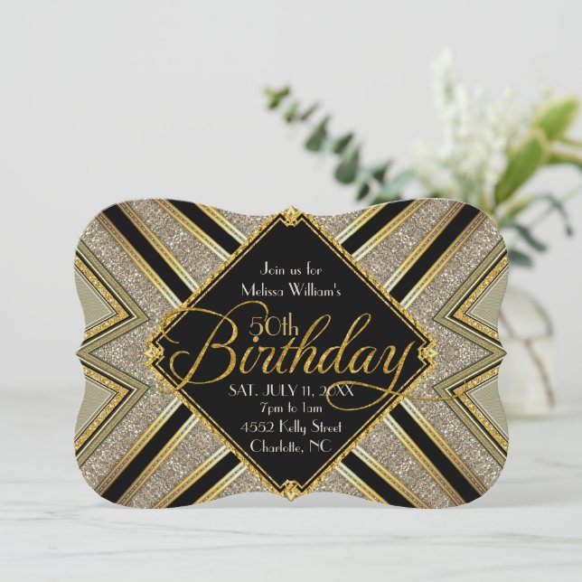Invitación de cumpleaños número 50 de Gatsby Black (Anverso de pie)