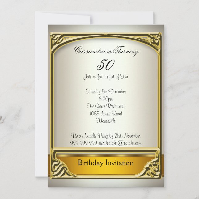 Invitación de cumpleaños número 50 de oro crema Ar (Anverso)