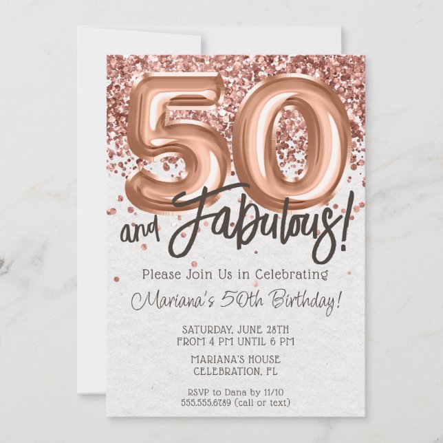 Invitación de cumpleaños número 50 de oro rosa (Anverso)